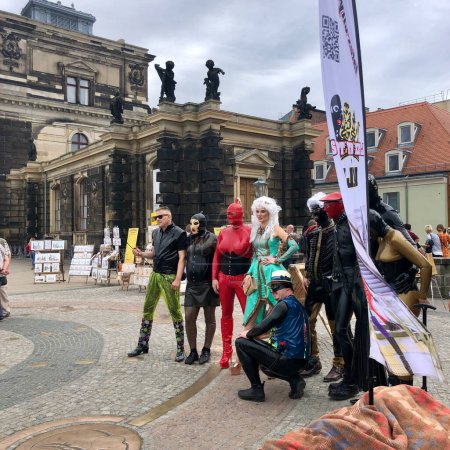 Photo for Dresden, Germany - 17.08.2019: People in carnival People in carnival extravaganza costumes take pictures in front of landmarks costumes take pictures in front of landmarks. High quality photo - Royalty Free Image