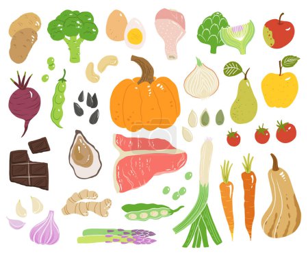 Concept illustration with meat, seafood, sweet fruits and vegetables in vector. Tasty apple, ginger, tomato, squash, beet, carrot, pear and pumpkin, beef, oyster, chicken, chocolate, eggs, potato. Poster 623909648