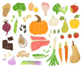 Concept illustration with meat, seafood, sweet fruits and vegetables in vector. Tasty apple, ginger, tomato, squash, beet, carrot, pear and pumpkin, beef, oyster, chicken, chocolate, eggs, potato. Poster #623909648