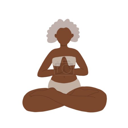 Ilustración de Ilustración vectorial de una anciana negra haciendo yoga. El concepto de un estilo de vida saludable, deportes y meditación en la vejez. AventuraIsAgeless en pose de loto. - Imagen libre de derechos