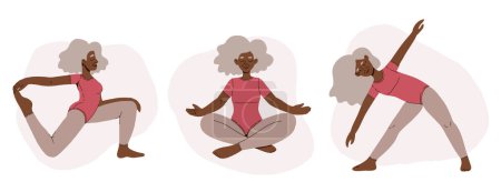 Ilustración de Ilustración vectorial de una anciana negra haciendo yoga. El concepto de un estilo de vida saludable, deportes y meditación en la vejez. AventuraIsAgeless - Imagen libre de derechos
