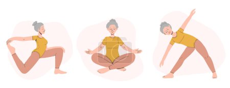 Ilustración de Ilustración vectorial de una anciana haciendo yoga. El concepto de un estilo de vida saludable, deportes y meditación en la vejez. AventuraIsAgeless - Imagen libre de derechos