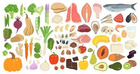 Collection of hand drawn food illustrations isolated on white background. Bundle of fresh delicious vegetables, fruits, dairy, fish and meat. wholesome healthy food. Poster 625435252