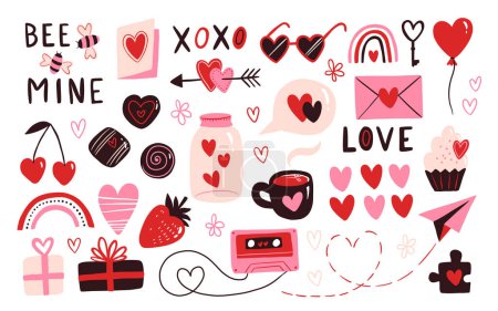 Set of hand drawn Valentines Day elements isolated on white background. Hearts, rainbow, candy, strawberry, tape, present, envelope. Vector doodle elements for Valentines Day and romantic holidays