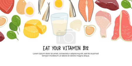 Ilustración de Recogida de alimentos con vitamina B12. queso, huevos, almejas, ternera, pavo, leche, hígado, espinacas, sardinas, atún, salmón. Productos dietéticos, nutrición natural orgánica. ilustración de dibujos animados vector plano - Imagen libre de derechos