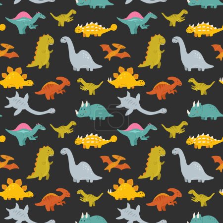 Illustration for Vector seamless pattern with cute baby dinosaurs. Hand drawn brontosaurus, tyrannosaurus, pterodactyl, triceratops, stegosaurus, spinosaurus, plesiosaurus, ankylosaurus, velociraptor, parasaurolophus - Royalty Free Image
