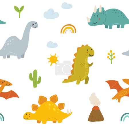 Téléchargez les illustrations : Vector seamless pattern with cute baby dinosaurs. Hand drawn brontosaurus, tyrannosaurus, pterodactyl, triceratops, stegosaurus. Set of flat cartoon vector illustrations isolated on white background - en licence libre de droit