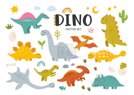 Illustration for Collection of cute baby dinosaurs. Hand drawn brontosaurus, tyrannosaurus, pterodactyl, triceratops, stegosaurus, spinosaurus, plesiosaurus, ankylosaurus, velociraptor, parasaurolophus. - Royalty Free Image