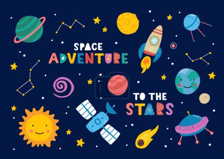 Téléchargez les illustrations : Big set of cute funny objects in space, with planets, stars, quotes, constellation, rocket, ufo and satellite. Vector illustration. Scandinavian style flat design. Concept for children print. - en licence libre de droit