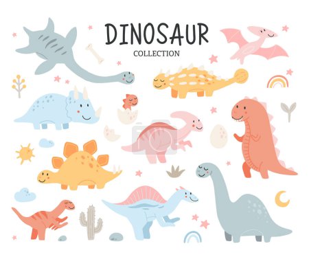 Illustration for Collection of cute baby dinosaurs. Hand drawn brontosaurus, tyrannosaurus, pterodactyl, triceratops, stegosaurus, spinosaurus, plesiosaurus, ankylosaurus, velociraptor, parasaurolophus pastel colors - Royalty Free Image