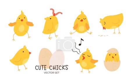 Ilustración de Dibujos animados chicas de Pascua. Lindas aves de granja bebé con plumas amarillas. Alegre poco gallinas y gallos actividades. Animales domésticos divertidos eclosionados de huevos. Aislamiento de aves de corral recién nacidas, conjunto de vectores - Imagen libre de derechos