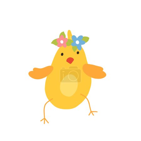 Ilustración de Chica de Pascua de dibujos animados. Lindas aves de granja bebé con plumas amarillas. Animadas actividades de pollitos. Animales domésticos divertidos eclosionados de huevos. Aislamiento de aves de corral recién nacidas, conjunto de vectores - Imagen libre de derechos