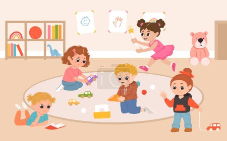 Kinder spielen im Kindergarten gemeinsam Spielzeug und Spiele. Cartoon-Spielzimmer mit Kindern.