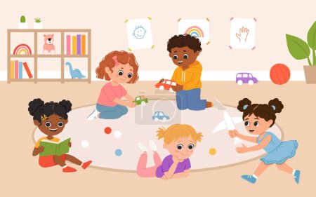 Illustration for Kids play toys and games together in kindergarden. Cartoon playroom with multiracial children. - Royalty Free Image