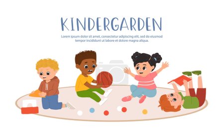 Illustration for Kids play toys and games together in kindergarden. Cartoon playroom with children. - Royalty Free Image