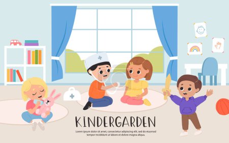 Ilustración de Los niños juegan juguetes y juegos juntos en el jardín de infantes. Sala de juegos de dibujos animados con niños. - Imagen libre de derechos