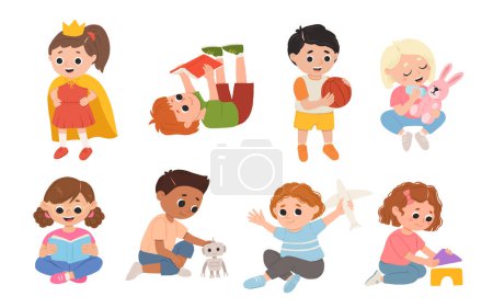 Illustration for Children, kids play together having fun, fooling around in fine good mood, on playroom, playground. Preschool kids have fun. Children's activity in the kinder garden, primary school. - Royalty Free Image