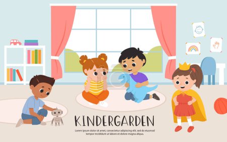 Ilustración de Los niños juegan juguetes y juegos juntos en el jardín de infantes. Sala de juegos de dibujos animados con niños. - Imagen libre de derechos