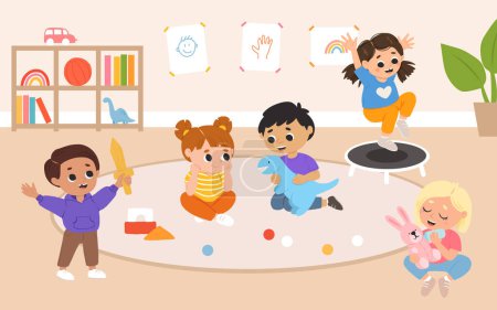 Los niños juegan juguetes y juegos juntos en el jardín de infantes. Sala de juegos de dibujos animados con niños.