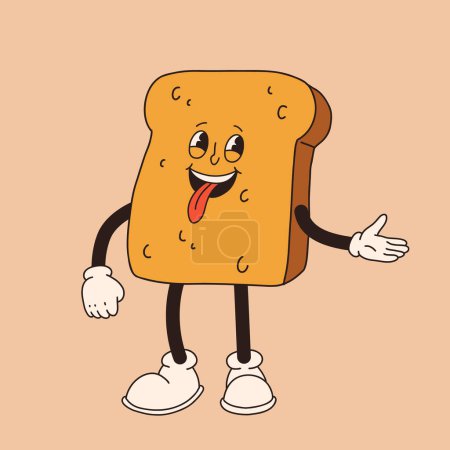 Illustration for Vector cartoon retro mascot of slice of bread. Vintage style 30s, 40s, 50s old animation. The clipart is isolated on a beige background. - Royalty Free Image