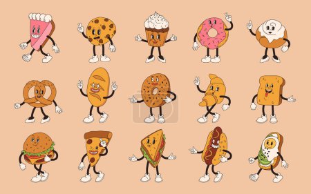 Vector de dibujos animados mascota retro de diferentes pan, postres, galletas, hamburguesa con queso y hot dog. Estilo vintage 30s, 40s, 50s animación antigua. El clipart está aislado sobre un fondo beige.