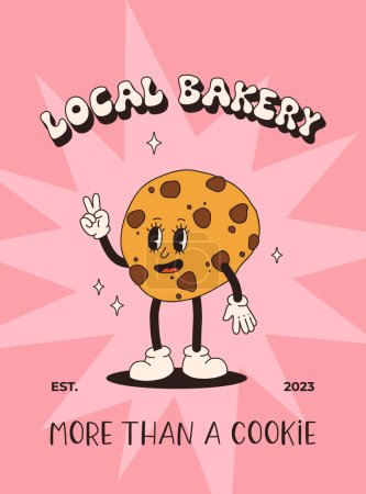 Illustration for Vector cartoon retro mascot of bread, pastry, burger, sandwich. Vintage style 70s, 60s, 50s character. Groovy poster for bakery and restaurants - Royalty Free Image