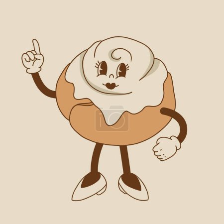 Illustration for Vector cartoon retro mascot of bread, pastry, burger, sandwich. Vintage style 70s, 60s, 50s character. Groovy art for bakery and restaurants - Royalty Free Image
