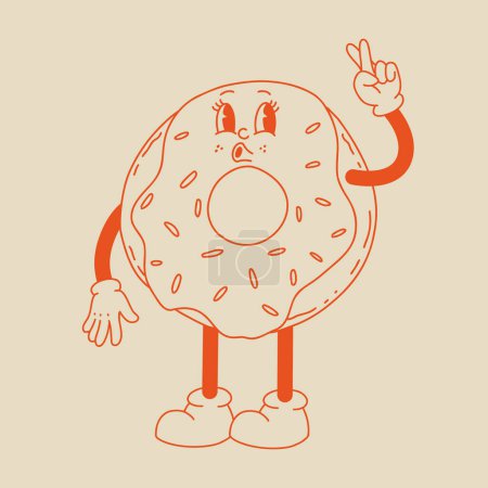 Illustration for Vector cartoon retro mascot of donut. Vintage style 30s, 40s, 50s old animation. The clipart is isolated on a beige background. - Royalty Free Image
