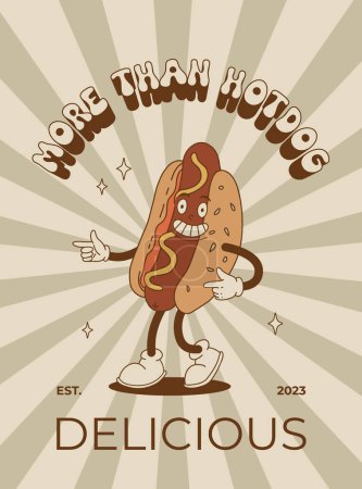 Illustration for Vector cartoon retro mascot of bread, pastry, burger, sandwich. Vintage style 70s, 60s, 50s character. Groovy poster for bakery and restaurants - Royalty Free Image
