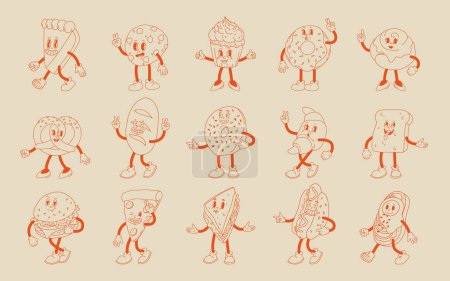 Illustration for Vector cartoon retro mascot of different bread, desserts, cookies, cheeseburger and hotdog. Vintage style 30s, 40s, 50s old animation. The clipart is isolated on a beige background. - Royalty Free Image