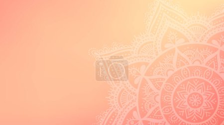 Ilustración de Mandala redonda sobre fondo de gradiente de pelusa melocotón de ensueño. Patrón de malla translúcida en forma de mandala. Mandala con motivos florales. plantilla de Yoga Pastel. - Imagen libre de derechos