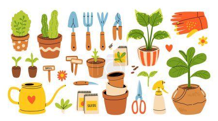Vector set of gardening tools and plants in pots isolated on white background. Bundle of equipment for home plants repotting. Big set of garden elements and tools.