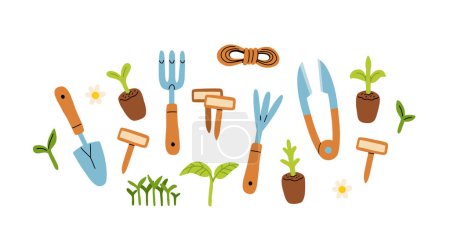 Set of gardening items in hand drawn cartoon style. Various agricultural and garden tools for spring work. Garden equipment, seedlings and flowers, rope and knife. Vector clip art illustration.