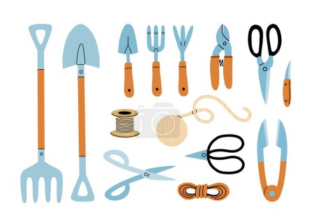 Set of gardening items in hand drawn cartoon style. Various agricultural and garden tools for spring work. Garden rake, shovel, scissors, rope and knife. Vector clip art illustration.