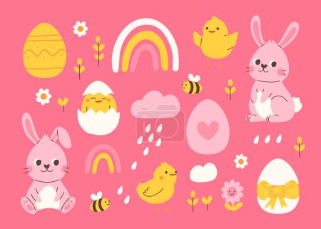 Cute pink and blue Easter bunny rabbits with baby chicks and Easter eggs vector illustration. Cartoon Easter illustration with floral elements, rainbow, rain drops, flower and bees.