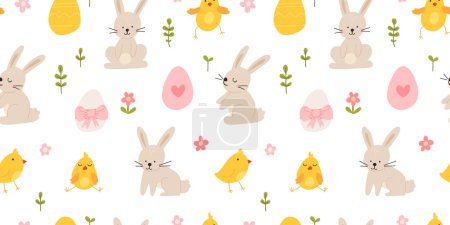 Lovely hand drawn Easter seamless pattern with bunnies, doodles, flowers, easter eggs, beautiful background. Suitable for Easter cards, banner, textiles, wallpapers.