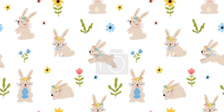 Charmant motif sans couture de Pâques dessiné à la main avec des lapins, des griffes, des fleurs, des ?ufs de Pâques, un beau fond. Convient pour les cartes de Pâques, bannière, textiles, fonds d'écran.
