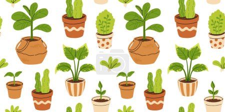 Illustration for Vector seamless pattern of gardening pots and plants in pots isolated on white background. Bundle of home plants and repotting. Big set of garden elements. - Royalty Free Image