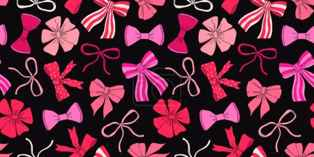 Verschiedene rosa und rote Bogenknoten, Krawatten, Geschenkschleifen. Handgezeichnete trendige Vektorillustration. Hochzeitsfeier, Urlaub, Festdekoration, Geschenk, Geschenkkonzept. nahtloses Muster auf schwarzem Hintergrund