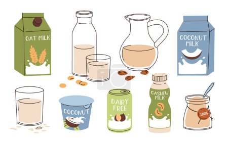 Illustration for Vegan milk collection, milk alternatives with almond, coconut, oat, set of bottles, packs with plant based beverages, cashew drink icon, vector illustrations of natural non diary food with lettering - Royalty Free Image