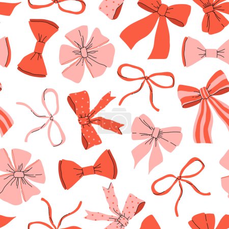 Verschiedene rosa und rote Bogenknoten, Krawatten, Geschenkschleifen. Handgezeichnete trendige Vektorillustration. Hochzeitsfeier, Urlaub, Festdekoration, Geschenk, Geschenkkonzept. nahtloses Muster auf weißem Hintergrund