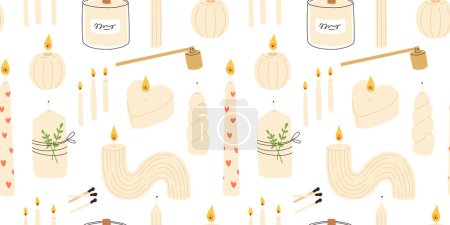 Various Candles. Different shapes and sizes. Pillar, jar candle, square, container candle, heart shaped. Decorative wax candles for relax and spa. Matches, candle snuffer. Seamless pattern