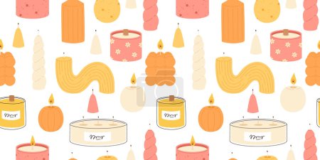 Various Candles. Different shapes and sizes. Pillar, jar candle, square, container candle, heart shaped. Decorative wax candles for relax and spa. Matches, candle snuffer. Seamless pattern
