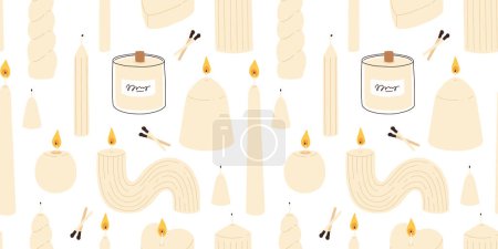 Verschiedene Kerzen. Verschiedene Formen und Größen. Säule, Glaskerze, Quadrat, Containerkerze, Herzform. Dekorative Wachskerzen für Entspannung und Wellness. Streichhölzer, Kerzenständer. Nahtloses Muster