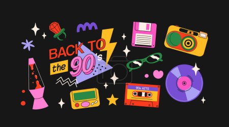 Illustration for Classic 80s back to 90s elements in modern flat style. Hand drawn sticker set, vector illustration. Fashion patch, badge, emblem with vintage accessories. - Royalty Free Image