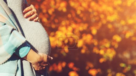 Photo for Baby expectation. Pregnant woman outdoors in autumn. Woman having happy pregnancy time. Pregnant woman's belly over autumn background. Pregnant woman in touching big belly with hands. - Royalty Free Image