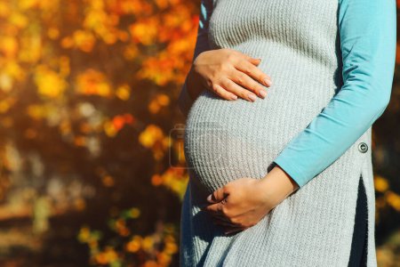 Foto de Baby expectation. Pregnant woman outdoors in autumn. Woman having happy pregnancy time. Pregnant woman's belly over autumn background. Pregnant woman in touching big belly with hands. - Imagen libre de derechos