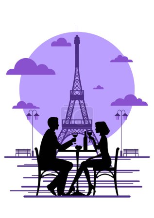 Ilustración de Fecha romántica parisina: Un par de sorbos de vino con la Torre Eiffel como telón de fondo - Imagen libre de derechos