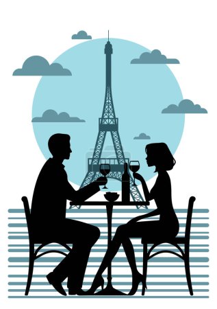 Ilustración de Ilustración vectorial con Pareja saboreando vino en un bistró parisino - Imagen libre de derechos