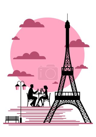 Ilustración de Ilustración vectorial de una velada de pareja junto a la Torre Eiffel sobre fondo blanco - Imagen libre de derechos